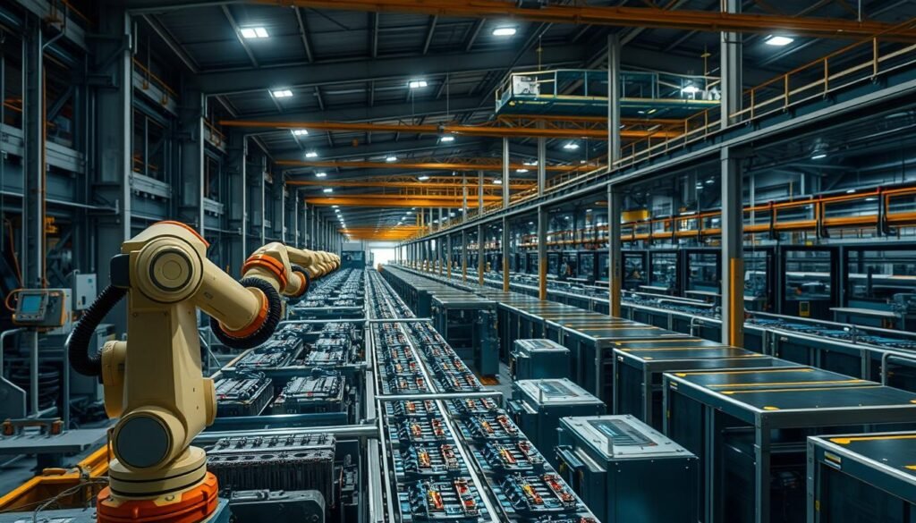 A bustling industrial facility at night, illuminated by the glow of 24-hour operation. In the foreground, a robotic arm precisely manipulates components on an automated production line, its movements captured in a long exposure. The middle ground reveals rows of gleaming machinery, their metal casings reflecting the intense overhead lighting. In the background, a network of catwalks and support structures creates a sense of depth and scale, hinting at the expansive nature of this round-the-clock operation. The atmosphere is one of efficiency, productivity, and technological prowess, conveying the power of robotics to elevate industrial output.
