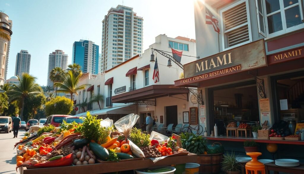 A bustling street scene in historic Miami, Florida. In the foreground, a lively outdoor market stall showcases an array of vibrant local produce, spices, and fragrant herbs. Middle ground features a small family-owned restaurant with a weathered sign, its windows offering glimpses of traditional Miami cuisine being prepared. In the background, a mix of colonial-era buildings and modern skyscrapers create a unique architectural tapestry, hinting at the city's rich cultural heritage. Warm, golden sunlight filters through, casting a nostalgic glow over the entire scene. A sense of timelessness and authentic local flavor permeates the atmosphere.