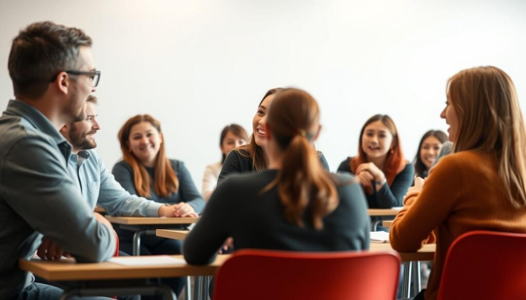 A classroom setting with students engaged in lively discussion, their faces animated and attentive. The teacher, positioned at the front, guides the conversation with a warm, encouraging demeanor. Soft, diffused lighting illuminates the scene, creating a welcoming and collaborative atmosphere. Desks are arranged in a semicircle, fostering an intimate, discussion-driven learning environment. The background is softly blurred, allowing the focus to remain on the active dialogue between the students and their instructor.