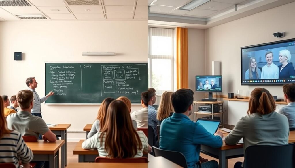 A classroom setting with two distinct teaching methods side by side. On the left, a traditional chalkboard-based lesson with a teacher lecturing to attentive students. On the right, a modern audio-visual setup with a teacher utilizing interactive digital tools and engaging visuals to captivate the students. The contrast between the two approaches is highlighted, conveying the evolution from traditional to modern teaching techniques. Soft, natural lighting illuminates the scene, creating a calm and contemplative atmosphere. The composition emphasizes the comparison, drawing the viewer's attention to the differences in teaching methodologies.