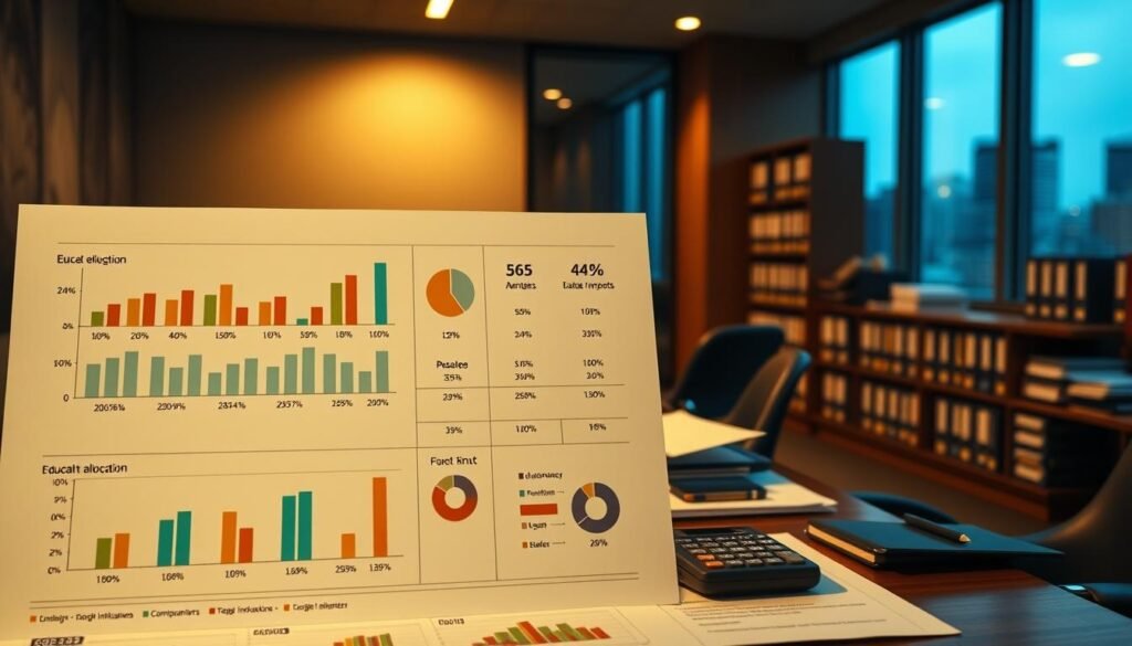 A detailed visual breakdown of the education budget allocation in the 2025 national budget, showcased against a backdrop of a modern government financial report. The foreground features a clean, infographic-style data visualization with neatly arranged bar graphs, pie charts, and numerical figures detailing the percentages and amounts dedicated to different education sectors and initiatives. The middle ground depicts a desk with a laptop, papers, and a calculator, symbolizing the analytical process behind the budget planning. The background portrays a dimly lit government office interior, with shelves of binders and a city skyline visible through the window, evoking a sense of institutional authority and civic responsibility. Warm lighting casts a professional, serious tone over the entire scene.