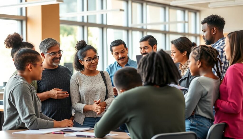 A diverse group of individuals from various backgrounds collaborate in an educational setting. In the foreground, students of different ages and ethnicities engage in lively discussions, sharing ideas and learning from one another. In the middle ground, teachers and administrators guide the collaborative process, providing support and fostering an atmosphere of inclusivity. The background features a modern, well-equipped classroom with large windows that let in natural light, creating a warm and inviting ambiance. The overall scene conveys a sense of harmony, cooperation, and a shared commitment to advancing education for all.