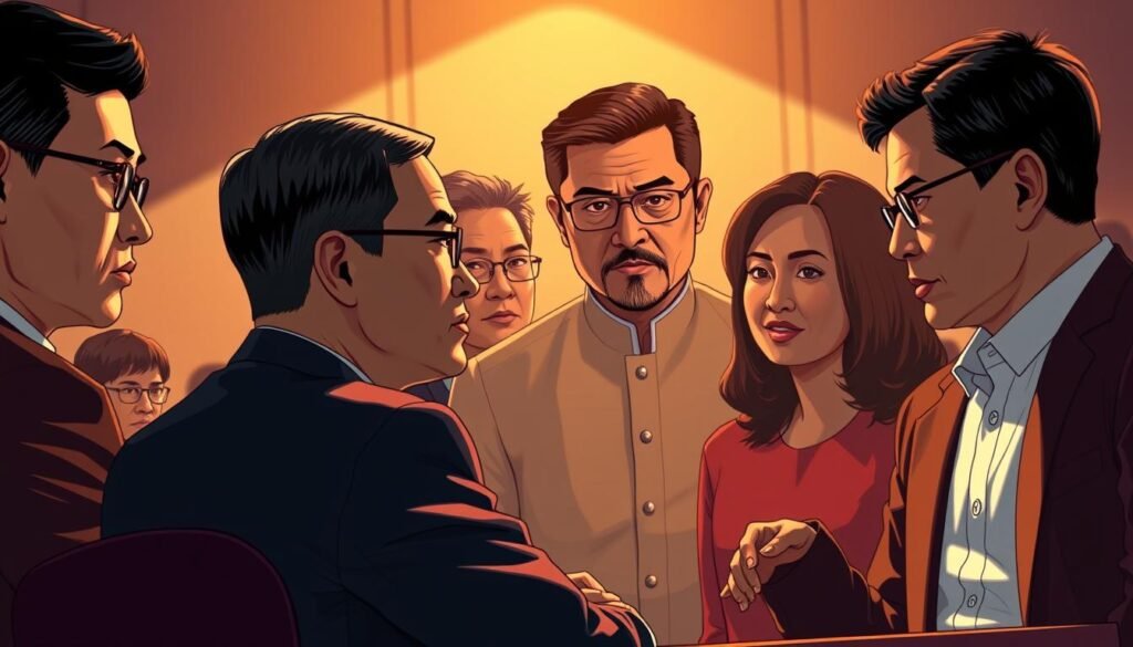 A high-resolution digital illustration depicting a group of regional legislators in a formal setting, such as a legislative chamber or conference room. The legislators are shown engaged in discussion, with expressions of focused concentration, debate, and thoughtful deliberation. The scene is illuminated by warm, directional lighting, casting dramatic shadows and highlights on the faces and attire of the subjects. The background is minimalist, with muted tones and subtle details that suggest the institutional context, without distracting from the central figures. The overall mood is one of serious, intellectual discourse, capturing the essence of the "Pendapat Anggota Komisi II DPR RI" section.