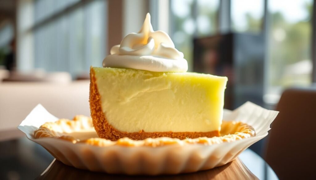 A luscious slice of key lime pie, the iconic Miami dessert, sits atop a flaky, golden crust. The vibrant green filling, made from tart, tangy key limes, is topped with a delicate layer of creamy meringue. Sunlight filters in through large windows, casting a warm, natural glow over the scene. The elegant presentation evokes the sophisticated and diverse culinary offerings of Miami, a city where traditional flavors are elevated and celebrated. The unique, refreshing taste of this quintessential Florida treat reflects the city's tropical allure and its reputation as a must-visit destination for food enthusiasts.