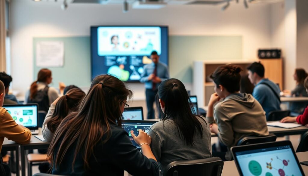 A modern classroom setting with students and teachers engaging with various audio-visual learning tools. In the foreground, a group of students intently focused on a tablet or laptop, exploring interactive educational content. In the middle ground, a teacher standing by a large screen display, demonstrating a lesson using animated visuals and multimedia. The background is softly blurred, hinting at the bustling activity of a well-equipped learning environment. The lighting is warm and inviting, creating a sense of productivity and discovery. The overall atmosphere conveys the challenges and opportunities presented by the integration of cutting-edge media technology in the contemporary chemistry classroom.