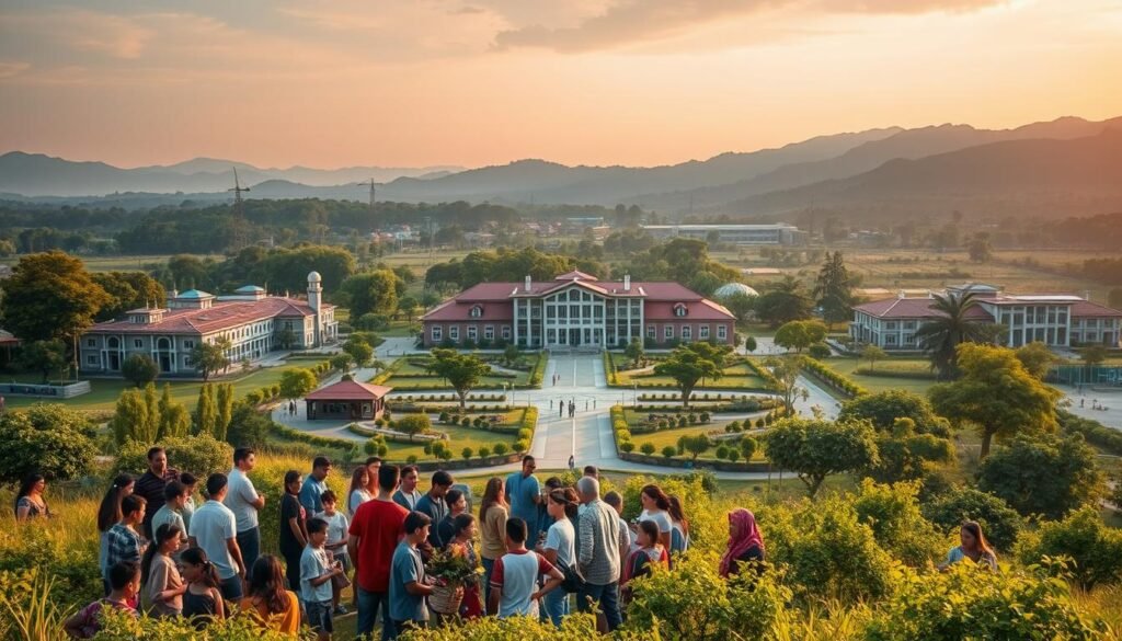 A serene and expansive landscape, bathed in warm, golden light. In the foreground, a diverse group of students, teachers, and community members gather, their faces alight with wonder and curiosity. They are engaged in lively discussions, sharing ideas, and collaborating on projects that blend traditional and modern learning methods. The middle ground features a sprawling, well-equipped school campus, its architecture a harmonious blend of classic and contemporary styles. Surrounding the school, lush gardens, orchards, and renewable energy sources, all working in harmony to create a sustainable, self-sufficient learning environment. In the background, the horizon is dotted with towering mountains, their peaks reaching towards the boundless sky. This serene, interconnected landscape symbolizes the deep, holistic "Partisipasi Semesta" (Universal Participation) in the education process, where all elements of the natural and human world come together to nurture and empower the next generation.