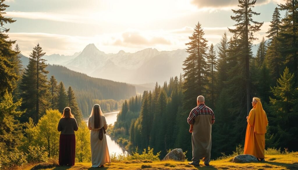 A serene, contemplative landscape depicting the harmonious relationship between religion and environmental sustainability. In the foreground, a group of diverse worshippers stand in quiet reverence, hands clasped, gazing upon a lush, verdant forest. The middle ground features a meandering river reflecting the sky's calming hues, while in the distance, majestic snow-capped mountains rise, symbolizing the grandeur of the natural world. Warm, golden sunlight filters through the trees, casting a soft, ethereal glow over the scene. The overall atmosphere conveys a sense of balance, unity, and a profound respect for the earth's delicate ecosystems.