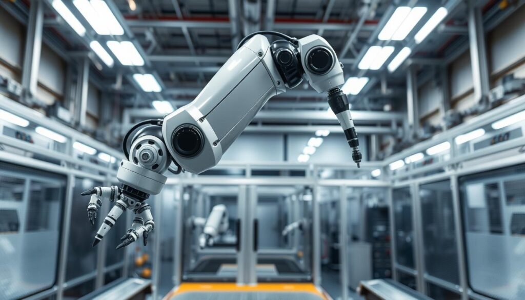 A sleek, high-tech robotic arm gracefully maneuvers in a state-of-the-art industrial facility. Precision mechanisms and advanced sensors work in harmony, conveying a sense of operational efficiency and optimization. The background features a clean, minimalist workspace with gleaming metal surfaces and strategic lighting, creating an atmosphere of technological advancement. The camera angle captures the robotic arm's fluid movements, highlighting its agility and the seamless integration of robotics within the production environment. An overall tone of modernization, automation, and streamlined processes permeates the scene, visually embodying the concept of "Efisiensi Operasional Robotika."