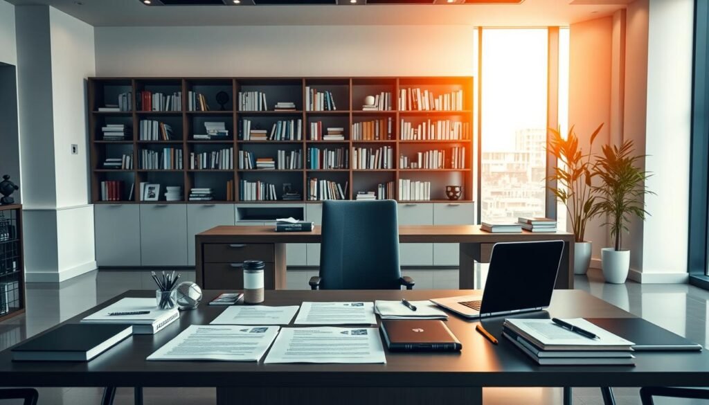 A sleek, modern office interior with a large, well-lit desk showcasing the key requirements for an international teacher scholarship program. On the desk, neatly arranged documents, a laptop, and various academic accoutrements convey a sense of professionalism and attention to detail. The background features a stylish, minimalist bookshelf filled with textbooks and journals, hinting at the intellectual rigor required. Warm, directional lighting from a large window casts a soft glow, creating an atmosphere of focus and scholarly pursuit. The overall scene exudes an air of prestige and opportunity, reflecting the prestigious nature of the scholarship.