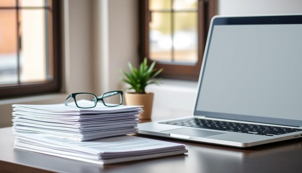 A strategic scholarship checklist displayed on a stylish, minimalist desktop scene. In the foreground, a neatly organized stack of documents and a laptop with a clean, modern interface. The middle ground features a pen, glasses, and a potted plant, creating a sense of focus and productivity. The background showcases a blurred, warm-toned window view, evoking a serene, professional atmosphere. Soft, directional lighting casts gentle shadows, emphasizing the clean, elegant design. The overall composition conveys a thoughtful, organized approach to navigating the scholarship application process.