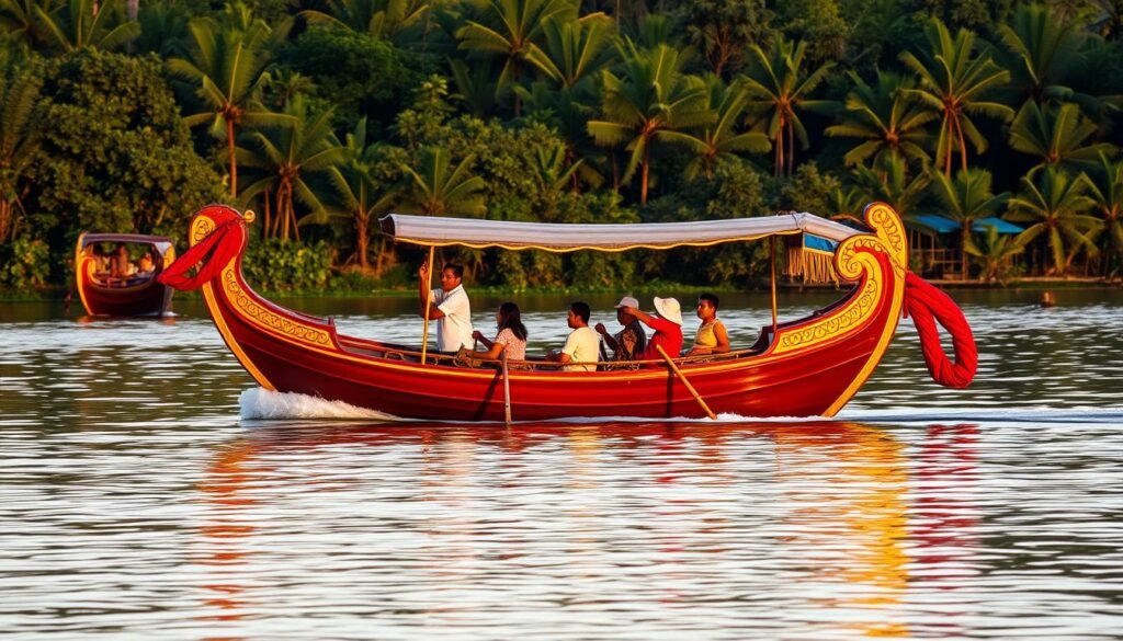 A traditional Indonesian pacu jalur boat glides gracefully across a serene river, its vibrant red and gold hull reflecting the warm evening light. The elegant curved prow and intricate carvings on the sides evoke the rich cultural heritage of the Sumatran region. In the background, lush tropical foliage lines the riverbanks, creating a picturesque natural setting. The boat is propelled by a team of skilled rowers, their synchronized movements a testament to the centuries-old traditions of this unique watercraft. The scene exudes a sense of tranquility and timelessness, capturing the essence of Indonesia's vibrant cultural tapestry.