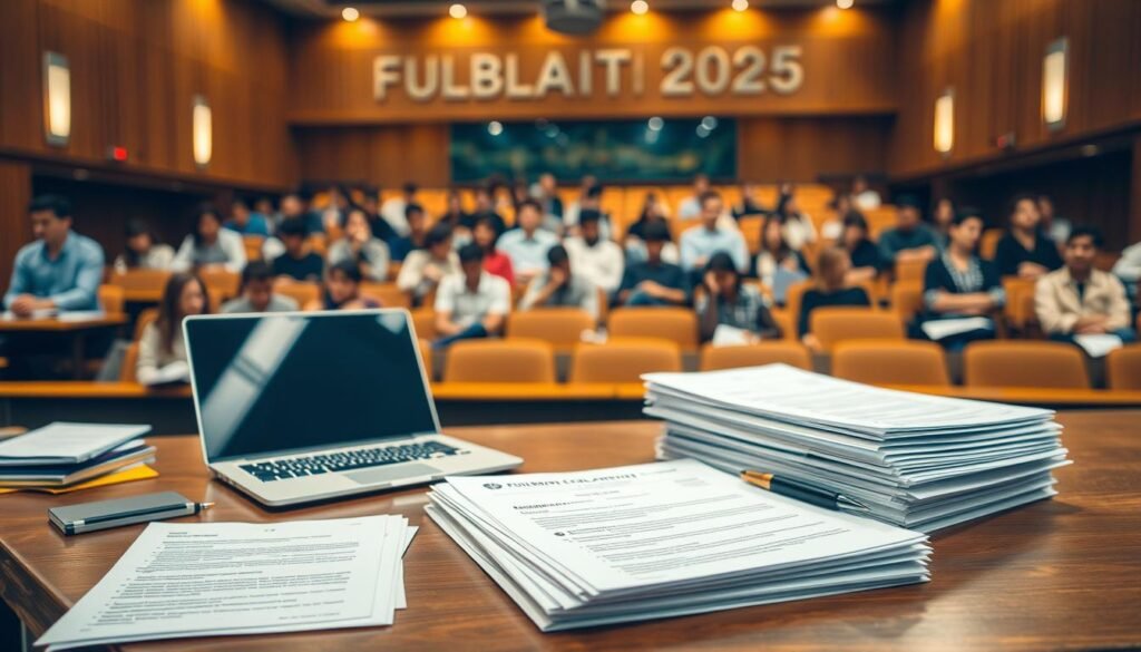 A university campus backdrop, with students and faculty members gathered in a lecture hall. In the foreground, a teacher's desk is prominently displayed, with various documents, a laptop, and a pen neatly arranged. On the desk, a stack of application forms for the Fulbright DAI AS 2025 scholarship program is visible, conveying the application process. The lighting is warm and inviting, creating a sense of professionalism and academic excellence. The scene is captured from a slightly elevated angle, giving the viewer a sense of overview and attention to detail. The overall atmosphere suggests a welcoming and informative environment for the scholarship application process.