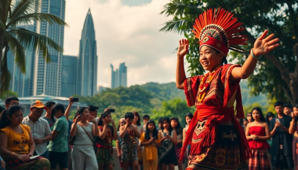 A vibrant and dynamic scene depicting the global impact on local Indonesian culture. In the foreground, a young person enthusiastically shares their traditional dance, their colorful costume and lively movements captivating a diverse audience. In the middle ground, a blend of modern and traditional elements - smartphones and social media platforms alongside handcrafted tribal artwork and decorations. The background showcases the juxtaposition of skyscrapers and lush, verdant landscapes, representing the interplay between globalization and local identity. Warm, diffused lighting casts a dreamlike, celebratory atmosphere, conveying the positive reception and integration of local traditions into the worldwide cultural landscape.