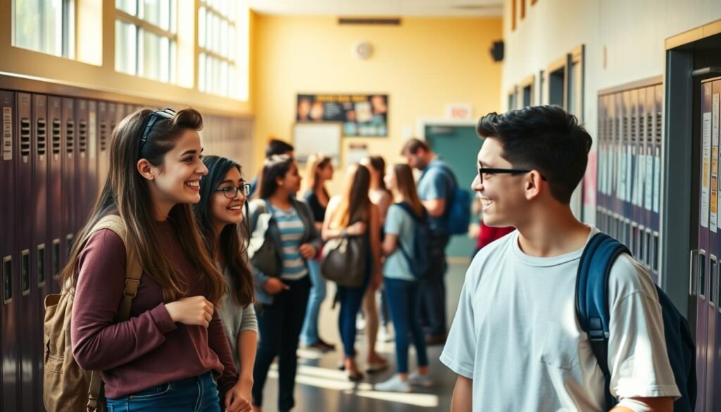 A vibrant scene of a school hallway, with students engaged in lively discussions. The foreground features two friends animatedly conversing, their body language and facial expressions conveying the natural flow of a casual dialogue. In the middle ground, a group of students gathers around a teacher, engaged in a more formal, educational discussion. The background showcases the bustling activity of a typical school day, with lockers, posters, and other details that create a realistic and immersive environment. Warm, natural lighting filters through large windows, casting a welcoming glow and enhancing the sense of a lively, authentic school setting.