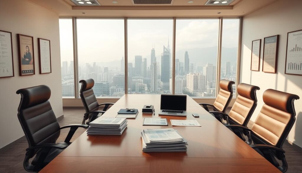 A well-lit administrative office setting, featuring a large wooden conference table surrounded by ergonomic chairs. On the table, a stack of budget documents, financial reports, and a laptop computer. The walls are adorned with framed certificates and organizational charts, conveying a sense of professionalism and structured fiscal management. Soft, diffused lighting casts a warm glow, while large windows provide a view of a bustling city skyline in the background, suggesting the broader context of education policy and public funding. The atmosphere exudes a blend of diligence, oversight, and strategic decision-making, capturing the essence of "Tata Kelola Anggaran Pendidikan" (Education Budget Governance).
