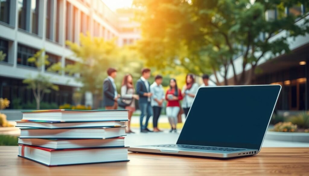 A well-lit, professional photograph showcasing the &amp;quot;program-beasiswa-komunikasi&amp;quot; concept. In the foreground, a stack of books and a laptop symbolize the academic focus of communication scholarships. In the middle ground, a group of diverse students engages in a lively discussion, representing the diverse community of scholarship recipients. The background features a modern university campus with sleek architecture and lush greenery, conveying a sense of opportunity and growth. Warm, natural lighting casts a soft, inviting glow over the scene, evoking a mood of optimism and ambition. The overall composition captures the essence of communication-focused scholarships - a pathway to higher education, personal development, and a vibrant academic community.