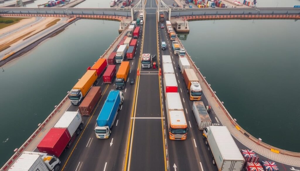 Chinese-North Korean border crossing showing trucks and trade activity, representing economic aspects of Diplomatic Relations between North Korea and China Chinese-North Korean border crossing showing trucks and trade activity, representing economic aspects of Diplomatic Relations between North Korea and China