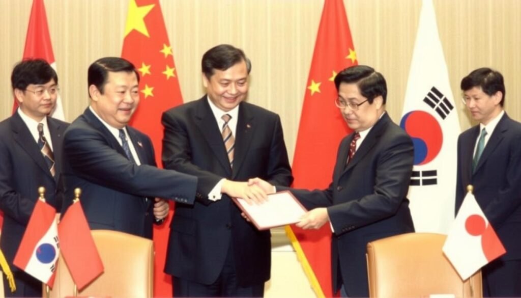 Chinese and South Korean officials shaking hands after establishing diplomatic relations in 1992, a pivotal moment affecting Diplomatic Relations between North Korea and China Chinese and South Korean officials shaking hands after establishing diplomatic relations in 1992, a pivotal moment affecting Diplomatic Relations between North Korea and China