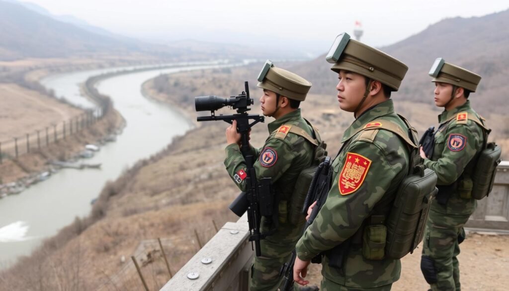 Chinese military personnel patrolling the North Korean border, illustrating security aspects of Diplomatic Relations between North Korea and China Chinese military personnel patrolling the North Korean border, illustrating security aspects of Diplomatic Relations between North Korea and China