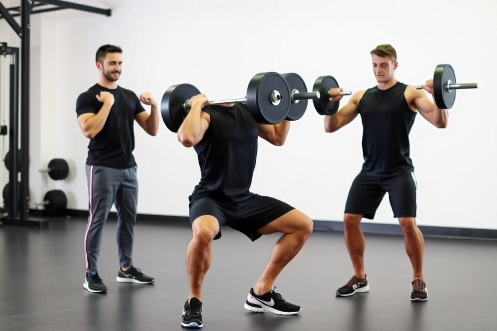 Demonstrasi gerakan squat dengan shoulder press sebagai variasi gerakan kreatif