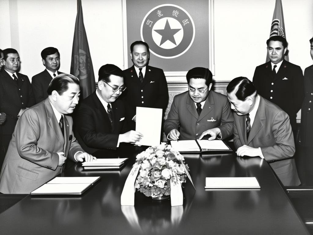 Historical photograph showing Chinese and North Korean officials signing diplomatic agreements in 1949, establishing formal Diplomatic Relations between North Korea and China Historical photograph showing Chinese and North Korean officials signing diplomatic agreements in 1949, establishing formal Diplomatic Relations between North Korea and China
