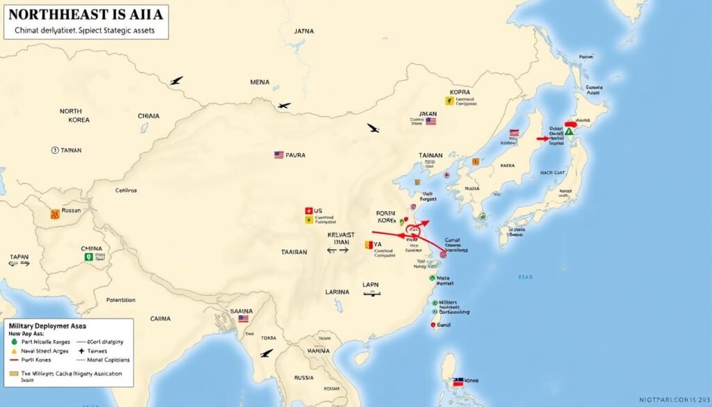 Map showing military deployments and strategic assets in Northeast Asia, contextualizing Diplomatic Relations between North Korea and China Map showing military deployments and strategic assets in Northeast Asia, contextualizing Diplomatic Relations between North Korea and China