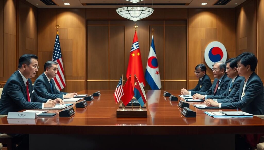 Multilateral diplomatic meeting involving representatives from China, North Korea, the United States, and South Korea, illustrating international dimensions of Diplomatic Relations between North Korea and China Multilateral diplomatic meeting involving representatives from China, North Korea, the United States, and South Korea, illustrating international dimensions of Diplomatic Relations between North Korea and China