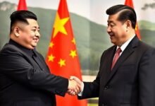 North Korean leader Kim Jong-un and Chinese President Xi Jinping shaking hands at a diplomatic meeting, illustrating Diplomatic Relations between North Korea and China