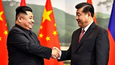 North Korean leader Kim Jong-un and Chinese President Xi Jinping shaking hands at a diplomatic meeting, illustrating Diplomatic Relations between North Korea and China