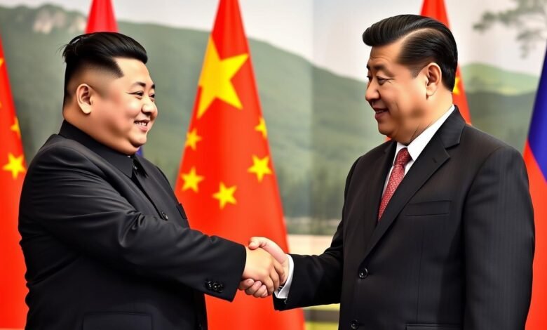 North Korean leader Kim Jong-un and Chinese President Xi Jinping shaking hands at a diplomatic meeting, illustrating Diplomatic Relations between North Korea and China