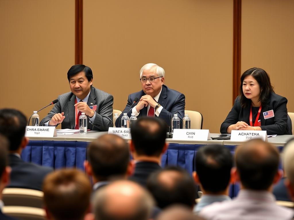 Panel of international relations experts discussing China-North Korea relations at a conference, representing scholarly analysis of Diplomatic Relations between North Korea and China Panel of international relations experts discussing China-North Korea relations at a conference, representing scholarly analysis of Diplomatic Relations between North Korea and China