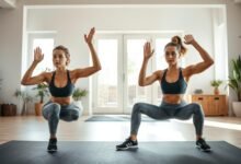 Seorang wanita melakukan variasi gerakan kreatif dengan mengombinasikan squat dan angkat tangan