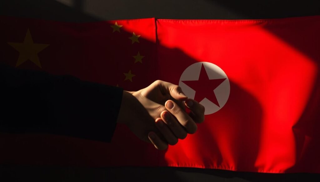 Symbolic image showing Chinese and North Korean flags with a handshake, representing the future of Diplomatic Relations between North Korea and China Symbolic image showing Chinese and North Korean flags with a handshake, representing the future of Diplomatic Relations between North Korea and China