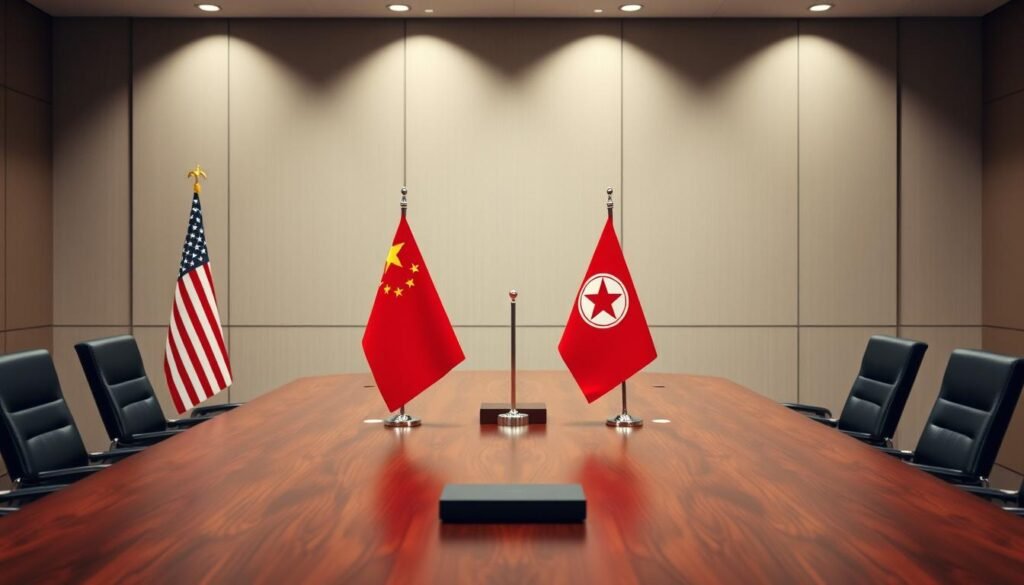 U.S., Chinese, and North Korean flags at international negotiations, representing the geopolitical triangle affecting Diplomatic Relations between North Korea and China U.S., Chinese, and North Korean flags at international negotiations, representing the geopolitical triangle affecting Diplomatic Relations between North Korea and China