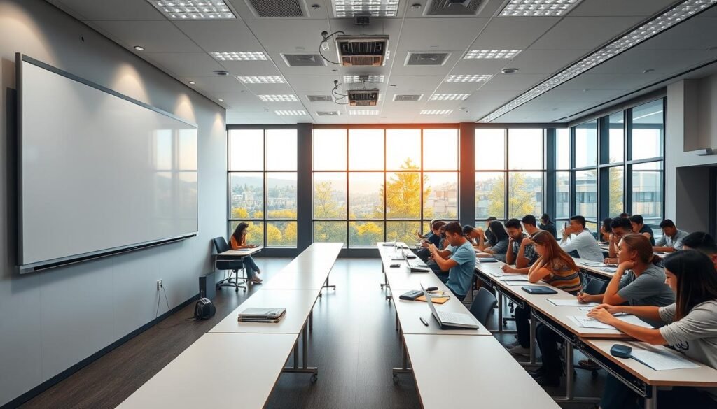 A clean, modern classroom interior with a large whiteboard or projection screen dominating the foreground. In the middle ground, students diligently taking notes at their desks, surrounded by educational materials and technology. The background reveals a scenic university campus landscape through large windows, bathed in warm, natural lighting. The overall atmosphere conveys a sense of focused learning and academic rigor.