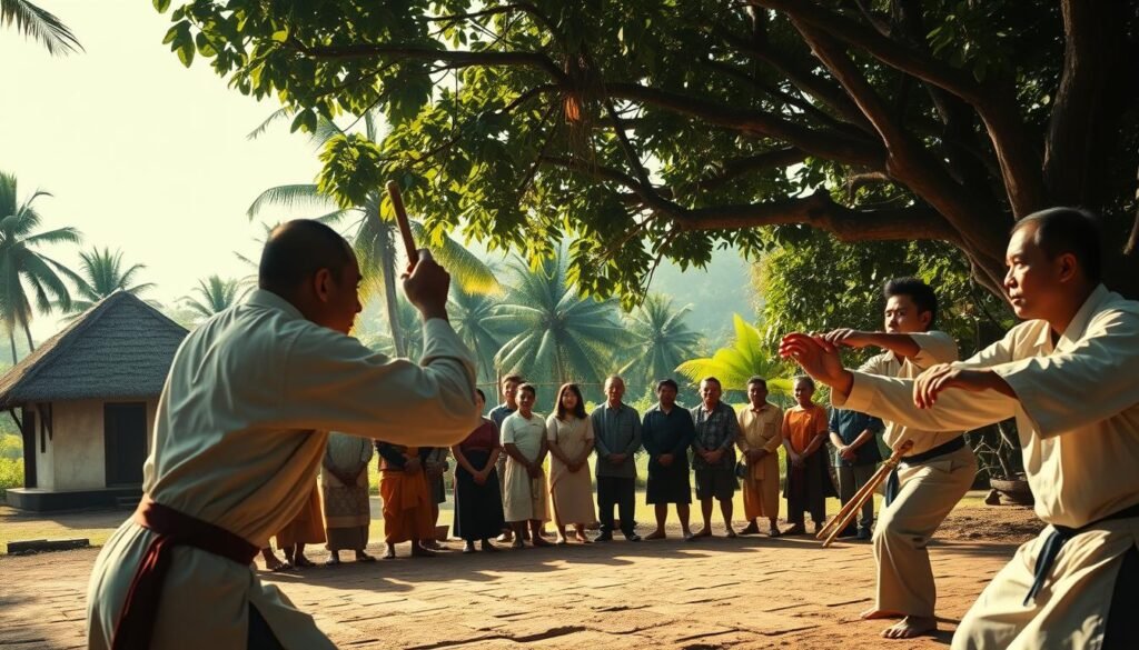 A colonial-era pencak silat training session unfolds in a serene Indonesian village. In the foreground, skilled practitioners demonstrate fluid, powerful movements, their traditional uniforms and bamboo weapons gleaming in the soft afternoon light. In the middle ground, a circle of onlookers observes intently, their expressions a mix of fascination and reverence. The background reveals a lush tropical landscape, with thatched-roof huts nestled among swaying palm trees. The scene conveys a sense of timeless tradition, as the ancient martial art is passed down through the generations, even in the face of foreign occupation. Dramatic, cinematic lighting casts dramatic shadows, heightening the intensity of the movements. A wide, shallow depth of field keeps the focus on the central action.