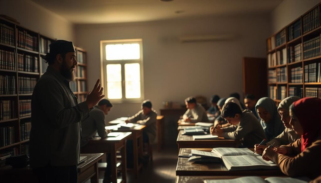 A dimly lit classroom, sunlight filtering through the windows, casting warm hues on the scene. In the foreground, a teacher stands, gesturing animatedly as they instruct a group of students, their faces intent and engaged. Bookshelves line the walls, their spines adorned with Arabic script, hinting at the depth of knowledge within. In the middle ground, students sit at wooden desks, diligently taking notes, their hands wielding pens that dance across the pages. The background is blurred, but suggests a tranquil, contemplative atmosphere, conducive to the study of the Arabic language and its rich cultural heritage. A dimly lit classroom, sunlight filtering through the windows, casting warm hues on the scene. In the foreground, a teacher stands, gesturing animatedly as they instruct a group of students, their faces intent and engaged. Bookshelves line the walls, their spines adorned with Arabic script, hinting at the depth of knowledge within. In the middle ground, students sit at wooden desks, diligently taking notes, their hands wielding pens that dance across the pages. The background is blurred, but suggests a tranquil, contemplative atmosphere, conducive to the study of the Arabic language and its rich cultural heritage.