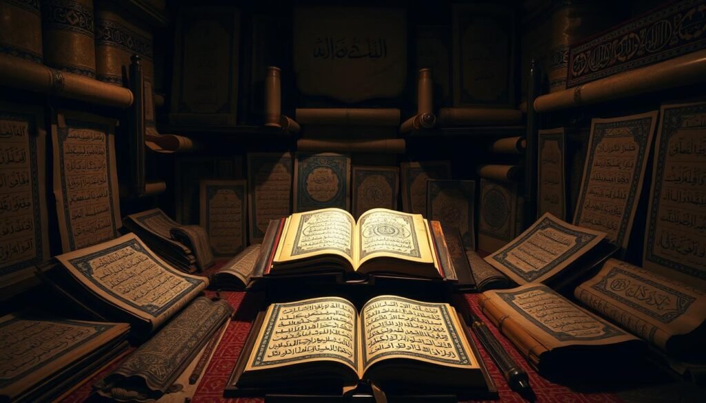 A dimly lit study filled with ancient Arabic manuscripts and scrolls, conveying the reverence and importance of the Arabic language in understanding the Quran. In the center, a single open Quran book, its pages illuminated by a soft, warm light, symbolizing the profound connection between the sacred text and its original language. Surrounding it, stylized Arabic calligraphy and geometric patterns adorn the walls, creating an atmosphere of scholarly contemplation and spiritual devotion. The overall mood is one of reverence, erudition, and the timeless significance of the Arabic tongue in Islamic scholarship. A dimly lit study filled with ancient Arabic manuscripts and scrolls, conveying the reverence and importance of the Arabic language in understanding the Quran. In the center, a single open Quran book, its pages illuminated by a soft, warm light, symbolizing the profound connection between the sacred text and its original language. Surrounding it, stylized Arabic calligraphy and geometric patterns adorn the walls, creating an atmosphere of scholarly contemplation and spiritual devotion. The overall mood is one of reverence, erudition, and the timeless significance of the Arabic tongue in Islamic scholarship.