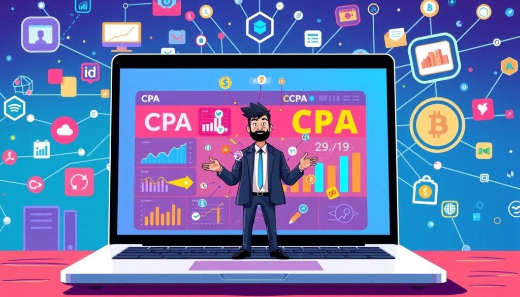 A dynamic, colorful illustration of CPA marketing. In the foreground, a laptop displaying a vibrant CPA dashboard, with charts, graphs, and performance metrics. In the middle ground, a stylized character representing a successful CPA marketer, surrounded by digital icons and symbols. In the background, a network of interconnected devices and platforms, representing the digital ecosystem of CPA marketing. The overall scene conveys a sense of profitability, technology, and entrepreneurial energy, reflecting the potential of CPA marketing as a lucrative online business.