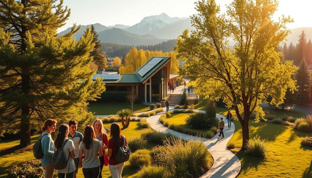 A lush, verdant campus scene bathed in warm, golden sunlight. In the foreground, a group of students engaged in a spirited discussion under the shade of towering trees, their faces animated as they share ideas about environmental sustainability. In the middle ground, a modern eco-friendly building with solar panels and a green roof blends seamlessly with the natural landscape. Meandering pathways wind through the grounds, lined with native flora and students carrying reusable water bottles and eco-friendly lunch boxes. In the background, a majestic mountain range rises, its peaks capped with snow, symbolizing the grandeur and importance of preserving the natural world. The scene exudes a sense of harmony, with the students' enthusiasm for environmental awareness mirrored in the campus's sustainable design and lush, well-tended grounds.