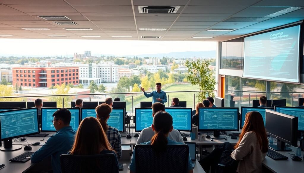A modern, well-equipped computer science laboratory with rows of sleek workstations and large display screens. In the foreground, a group of students engrossed in their studies, their faces illuminated by the soft glow of the monitors. In the middle ground, a lecturer gesturing towards a projection screen, explaining concepts of computer systems and software engineering. The background features a panoramic view of a vibrant, urban campus, with modern architecture and lush greenery. The lighting is a balance of warm, natural tones and cool, technological hues, creating a dynamic and inspiring atmosphere conducive to academic exploration and discovery.