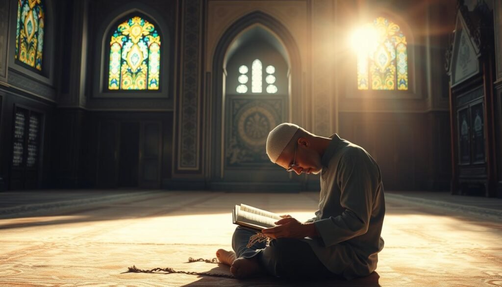 A serene, dimly lit interior of a mosque. In the foreground, a devout Muslim man seated cross-legged on a plush carpet, his head bowed as he intently reads from a weathered, leather-bound Quran. Soft, warm lighting filters through stained glass windows, casting a reverent glow on the scene. The middle ground features elegant arabesque patterns adorning the walls, while the background reveals the ornate mihrab, a niche indicating the direction of Mecca. An atmosphere of tranquility and contemplation pervades the space, reflecting the profound influence of Qira'at, the diverse recitation styles, on Islamic culture and spirituality.