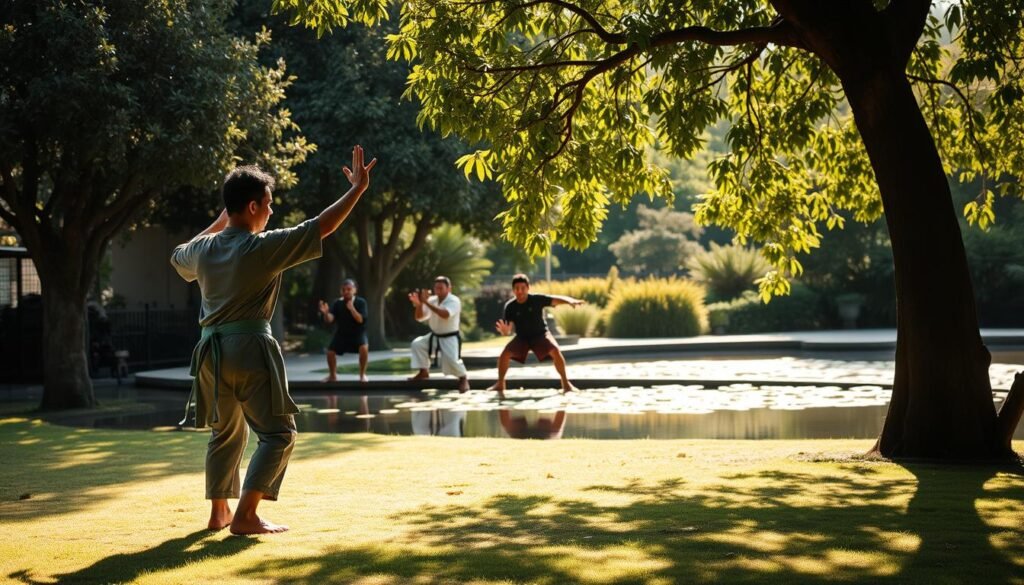 A traditional Indonesian martial art, pencak silat, is practiced in a serene outdoor setting. In the foreground, a skilled practitioner performs a graceful kata, their movements flowing like water. Sunlight filters through the lush foliage, casting a warm, natural glow. The middle ground features a group of students training under the guidance of an experienced teacher, honing their techniques and discipline. In the background, a tranquil pond reflects the surrounding greenery, evoking a sense of harmony and balance. The scene conveys the deep connection between pencak silat and the holistic pursuit of health, both physical and mental.