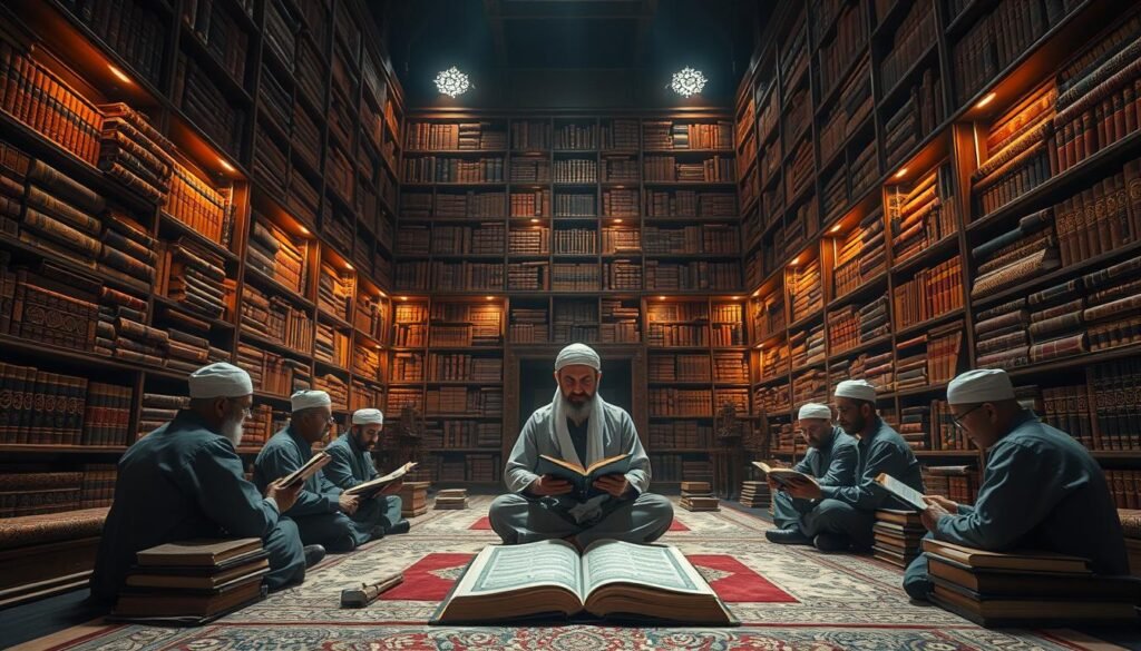 A tranquil, timeless scene of the future of Qira'at in the Quran. A majestic, ancient library with towering shelves filled with ornate, leather-bound Qurans. Warm, ambient lighting casts a reverent glow, illuminating the intricate calligraphy and ornate illuminations on the pages. In the center, a scholar sits cross-legged, meticulously studying the nuances of Qira'at, their face serene and contemplative. Around them, other scholars engage in respectful discourse, passing down this sacred knowledge to the next generation. The atmosphere is one of profound wisdom, unwavering devotion, and an unbroken continuum of Quranic study throughout the ages.