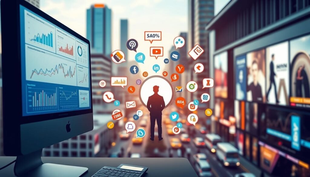 A well-lit, high-quality illustration depicting the key elements of strategic CPA marketing traffic generation. In the foreground, a computer monitor displays various analytics dashboards and data visualizations, showcasing the importance of data-driven decision making. In the middle ground, a person is surrounded by icons representing SEO, paid advertising, and social media platforms, highlighting the diverse traffic sources to be leveraged. The background features a cityscape with skyscrapers and busy streets, conveying the competitive and dynamic nature of the digital marketing landscape. The overall mood is one of focus, dynamism, and professionalism, reflecting the strategic nature of CPA marketing traffic generation.