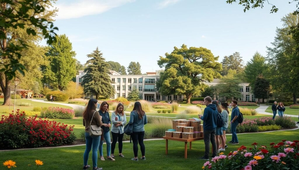An idyllic campus landscape with lush greenery and vibrant flora, showcasing a harmonious collaboration between the university and local eco-conscious communities. In the foreground, students gather around a display of eco-friendly lunch boxes, engaged in a lively discussion. The middle ground features a campus building with a modern, sustainable design, surrounded by neatly manicured gardens and walking paths. In the background, towering trees and a clear blue sky create a serene, tranquil atmosphere, conveying a sense of environmental stewardship and campus-community partnership. Soft, diffused lighting and a warm, inviting color palette evoke a mood of sustainability, education, and community engagement.