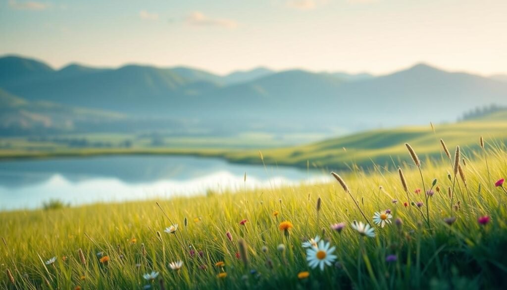 A serene nature scene with a gentle breeze, showcasing a vibrant, minimalist live wallpaper. In the foreground, a lush, verdant meadow dotted with wildflowers sways softly. The midground features a tranquil pond, its surface reflecting the hues of the sky above. In the background, a range of rolling hills, their silhouettes painted in soft, muted tones. The lighting is soft and diffused, creating a calming atmosphere. The composition is balanced and uncluttered, allowing the dynamic elements of the live wallpaper to shine. This live wallpaper is visually captivating yet lightweight, perfect for smartphones with limited storage and battery life.