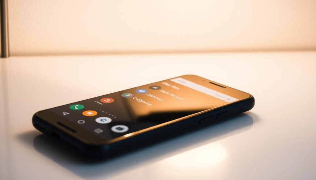 A sleek, modern Android smartphone resting on a minimalist desk, its screen displaying various app icons and settings. The phone's reflective surface catches the soft, warm lighting from an overhead lamp, creating a cozy, inviting atmosphere. In the background, a plain, neutral-colored wall provides a clean, uncluttered backdrop, allowing the device to be the focal point. The composition emphasizes the intuitive user interface and customization options of the Android operating system, conveying the idea of seamless integration and personalization.