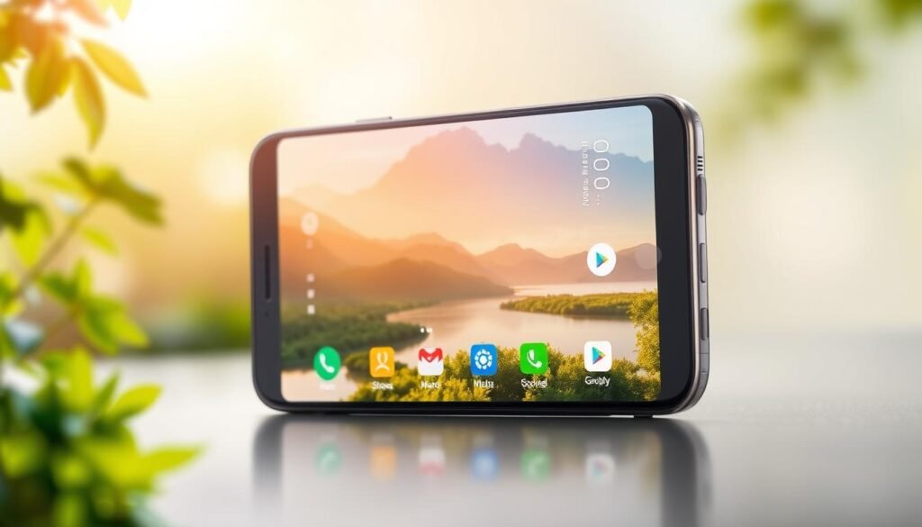 A smartphone screen displaying a vibrant, high-definition live wallpaper. The foreground features a serene natural landscape, with lush green foliage, a tranquil pond, and a majestic mountain range in the distance. The middle ground showcases a clean and intuitive user interface, with minimalist icons and a smooth, responsive interaction. The background is filled with a soft, diffused lighting that creates a warm, inviting atmosphere. The image conveys a sense of relaxation and energy-efficiency, reflecting the capabilities of a lightweight, optimized live wallpaper on an Android device.