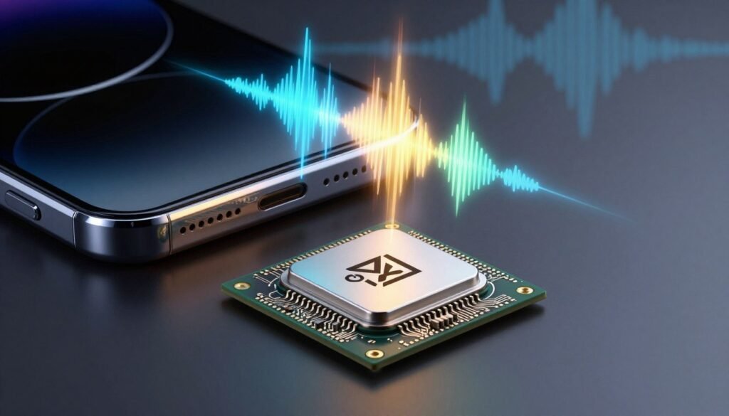 A close-up view of a high-resolution audio sound chip designed specifically for smartphones, prominently displayed in the foreground. The chip is intricately detailed, showcasing its metallic surface, fine circuitry, and branded logo. In the middle ground, a sleek smartphone lies open, demonstrating the audio interface, with vibrant sound waves visually emanating from it, symbolizing high-quality sound output. The background features a blurred audio waveform graphic, enhancing the tech-savvy atmosphere. The lighting is bright and focused, accentuating the chip and smartphone, creating an innovative and modern mood. The angle is slightly tilted to provide a dynamic perspective, emphasizing the technology's sophistication without any text or watermarks.